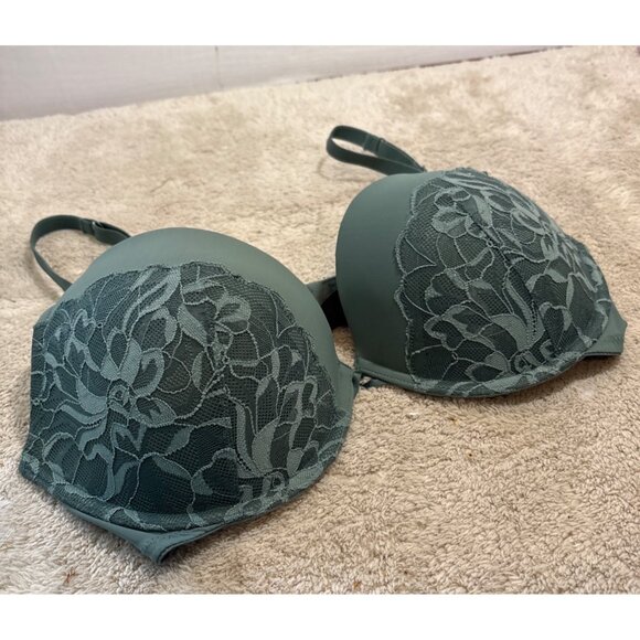 La Senza Obsession Plunge Bra Green Lace Overlay Size 36D Adjustable Straps - Picture 2 of 7